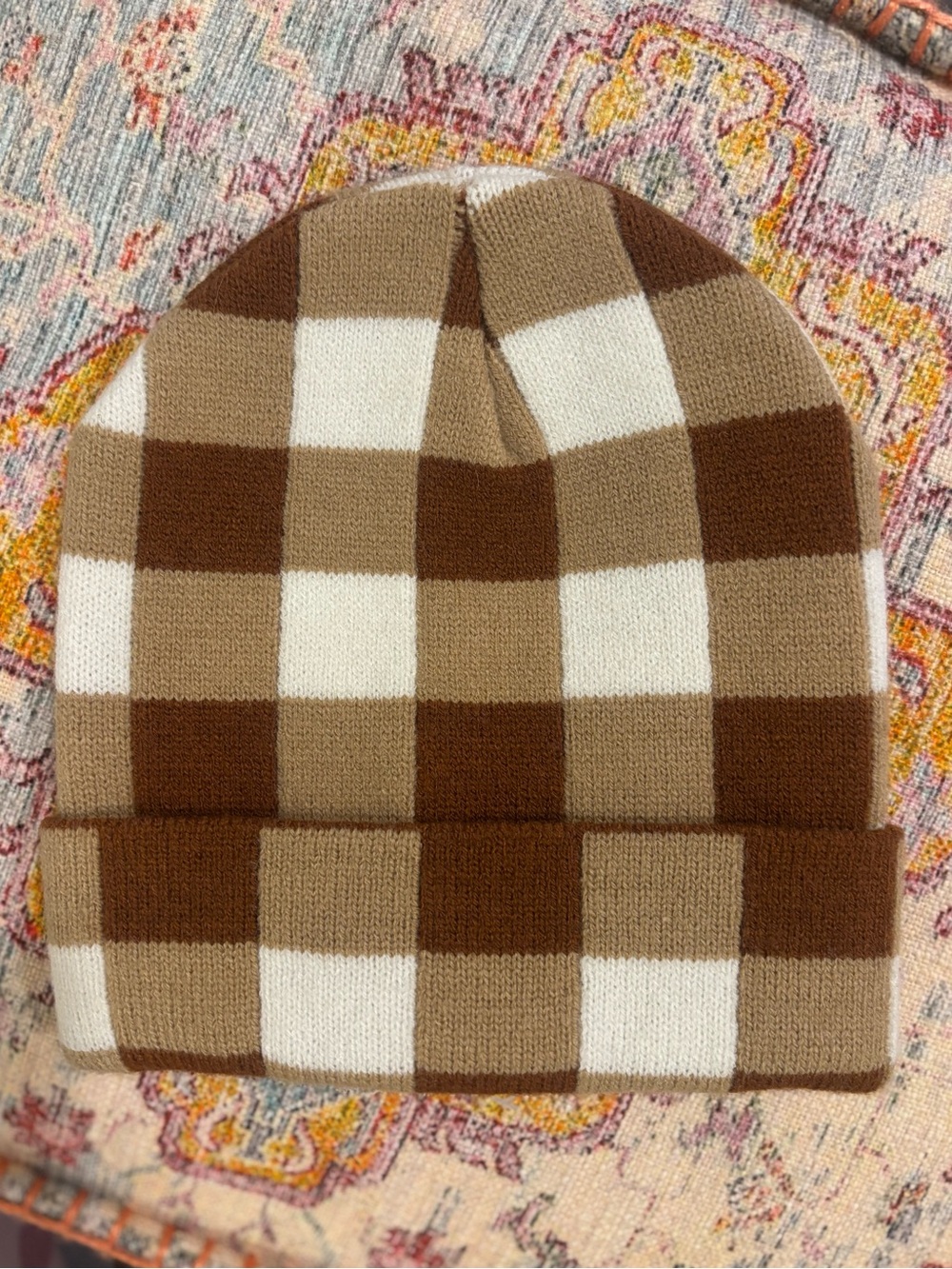 Maeve Plaid Knit Beanie in Cream and Brown